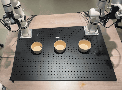 DeltaWAM real-world bimanual bowl-stacking demonstration